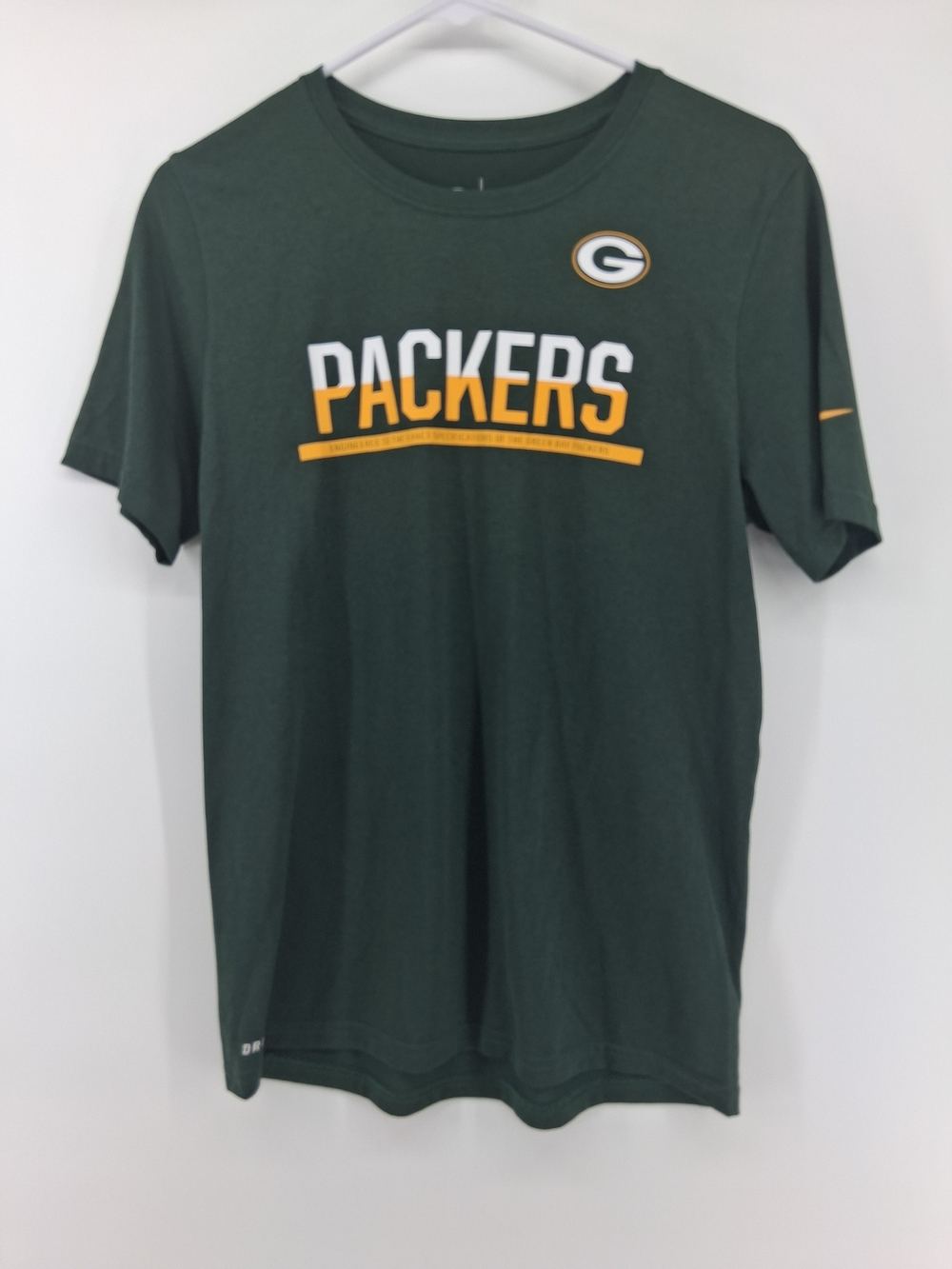 Nike Green Packers Short Sleeve Tee with Yellow and White Chest Graphic